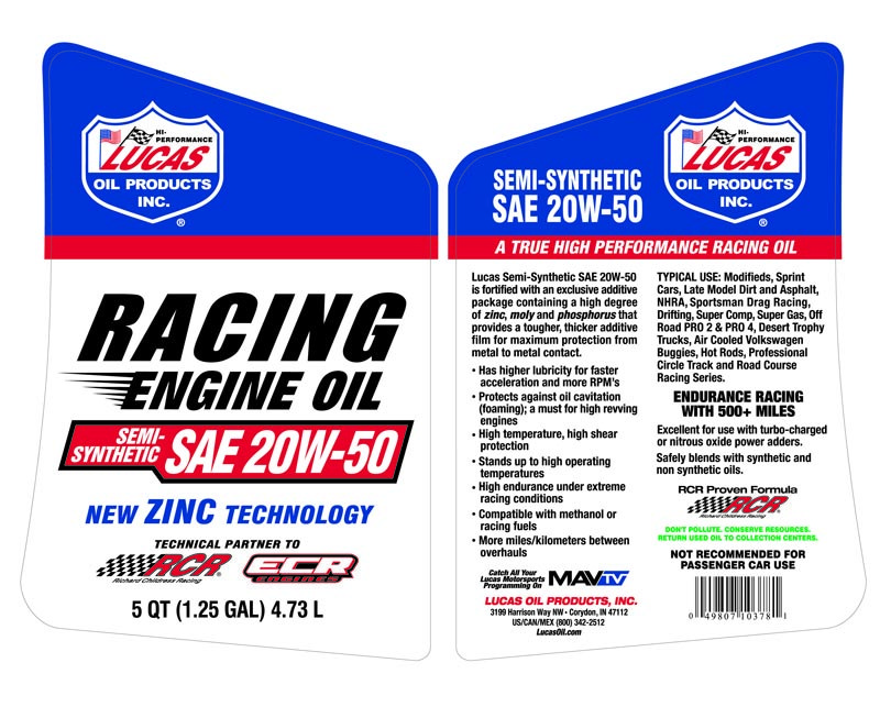 Lucas Oil Oil, SAE 20W-50, Semi-Synthetic, 5 Quart Jug, Single, Racing Only – 10378