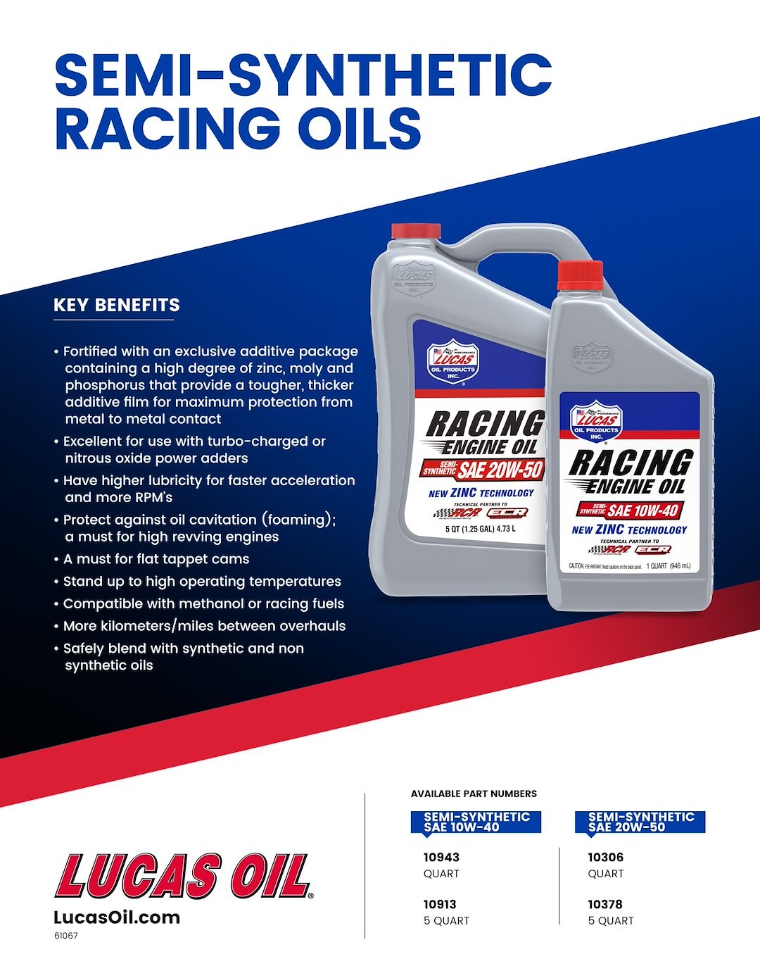 Lucas Oil Oil, SAE 20W-50, Semi-Synthetic, 5 Quart Jug, Single, Racing Only – 10378