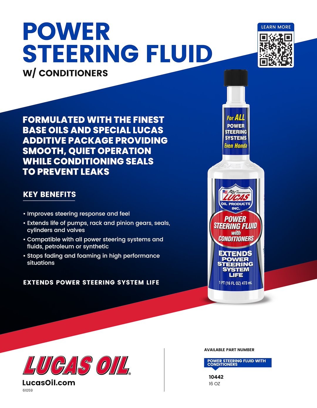 Lucas Oil Power Steering Fluid, Single, 16 Ounce, Synthetic, With Conditioners – 10442