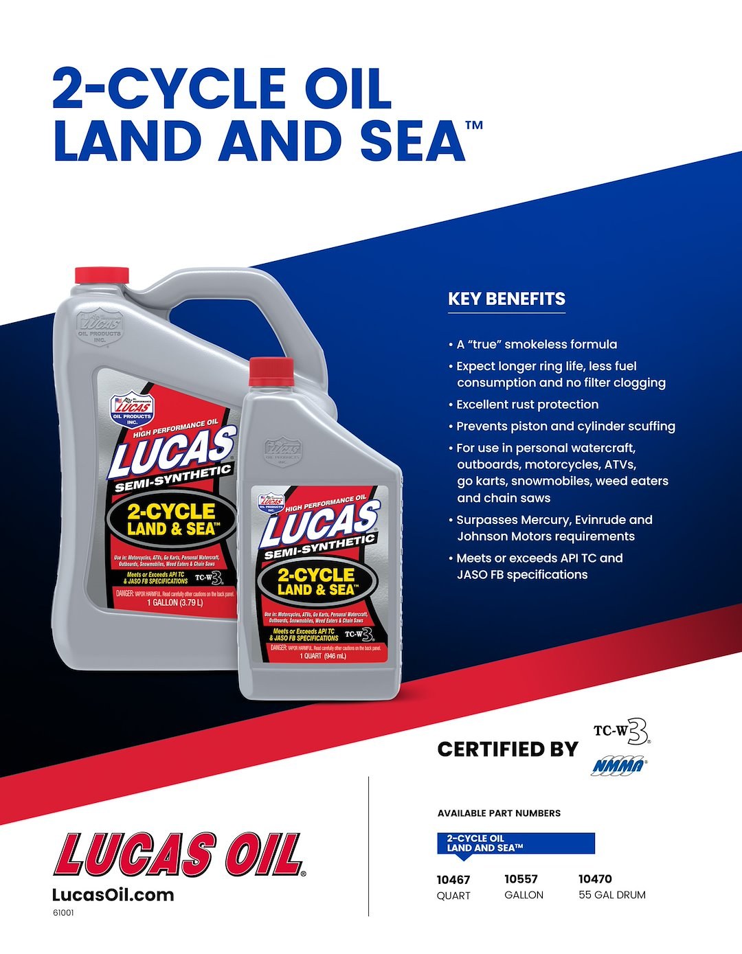 Lucas Oil Oil, Land & Sea ™, SAE TC-W3, 2-Cycle/ Semi-Synthetic, 1 Quart Bottle, Single – 10467