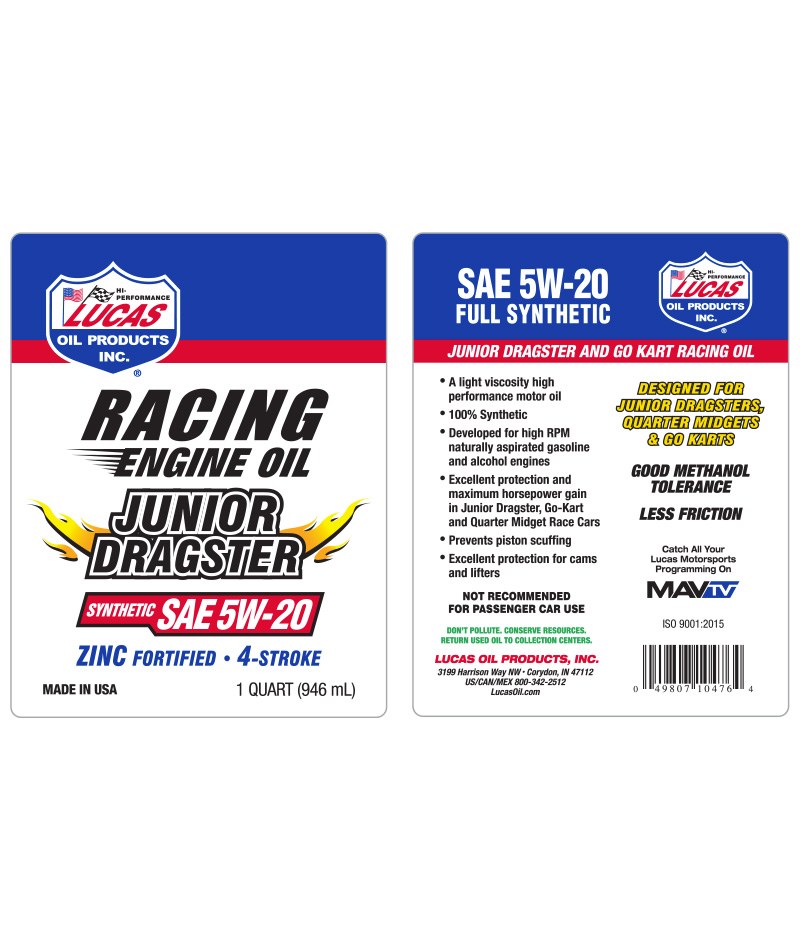 Lucas Oil Oil, Junior Dragster, SAE 5W-20, Synthetic, 1 Quart Bottle, Single – 10476