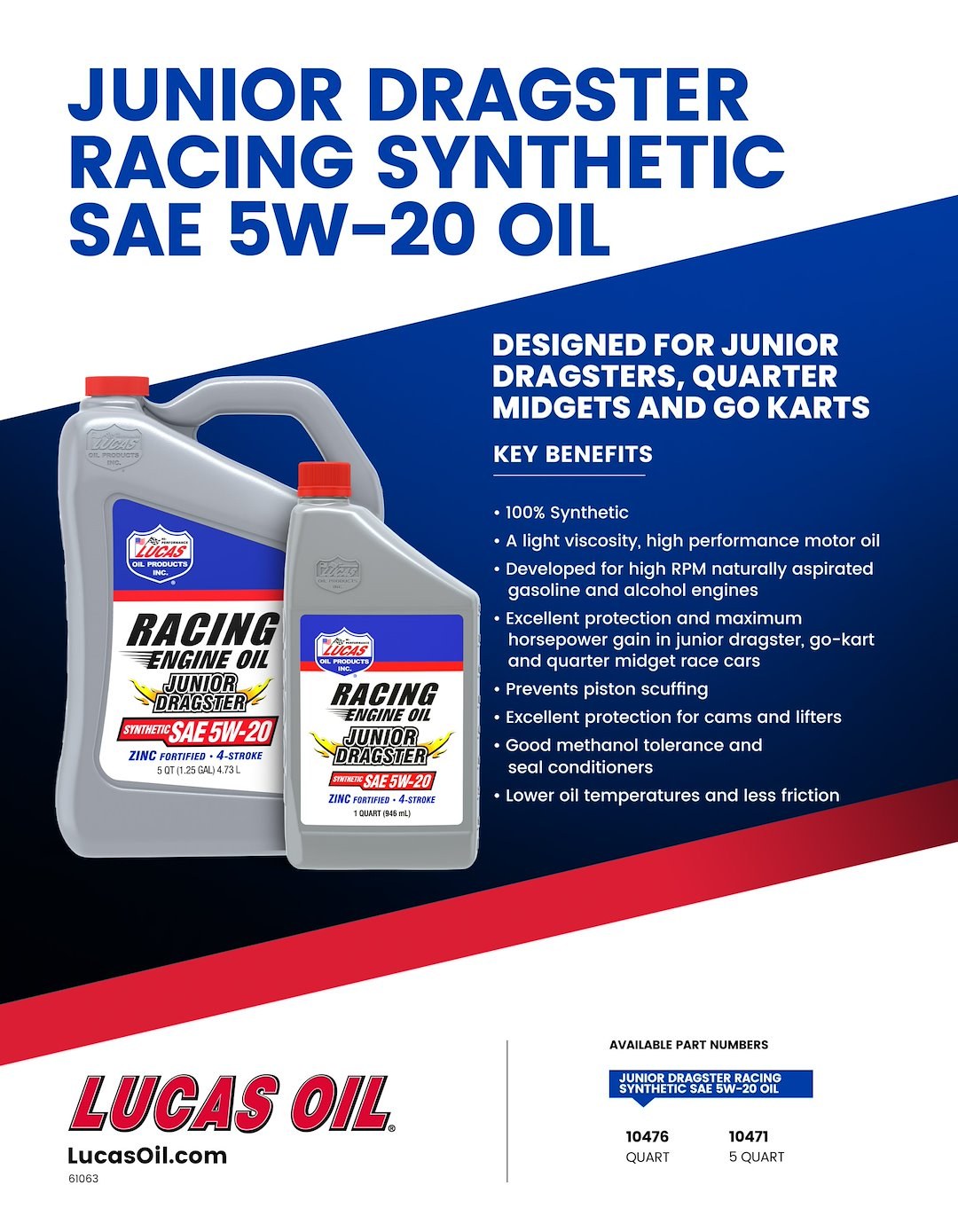 Lucas Oil Oil, Junior Dragster, SAE 5W-20, Synthetic, 1 Quart Bottle, Single – 10476