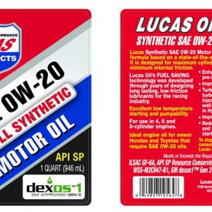 Lucas Oil Oil, SAE 0W-20, Synthetic, 1 Quart Bottle, Single – 10564