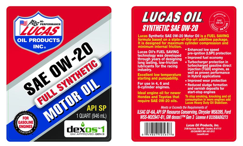 Lucas Oil Oil, SAE 0W-20, Synthetic, 1 Quart Bottle, Single – 10564