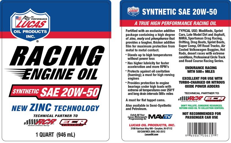 Lucas Oil Oil, SAE 20W-50, Synthetic, 1 Quart Bottle, Single – 10615