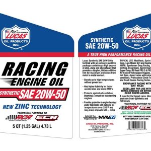 Lucas Oil Oil, SAE 20W-50, Synthetic, 5 Quart Jug, Single – 10616