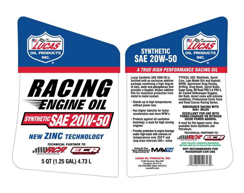 Lucas Oil Oil, SAE 20W-50, Synthetic, 5 Quart Jug, Single – 10616