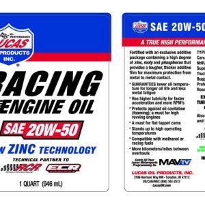 Lucas Oil Oil, SAE 20W-50, 1 Quart Bottle, Single, Racing Only – 10620