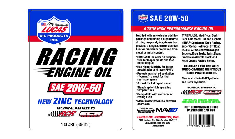 Lucas Oil Oil, SAE 20W-50, 1 Quart Bottle, Single, Racing Only – 10620