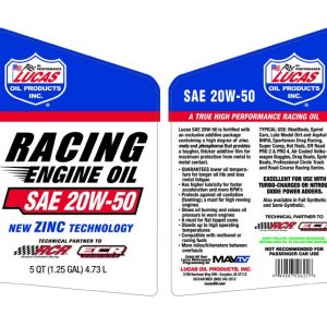 Lucas Oil Oil, SAE 20W-50, 5 Quart Jug, Single, Racing Only – 10621