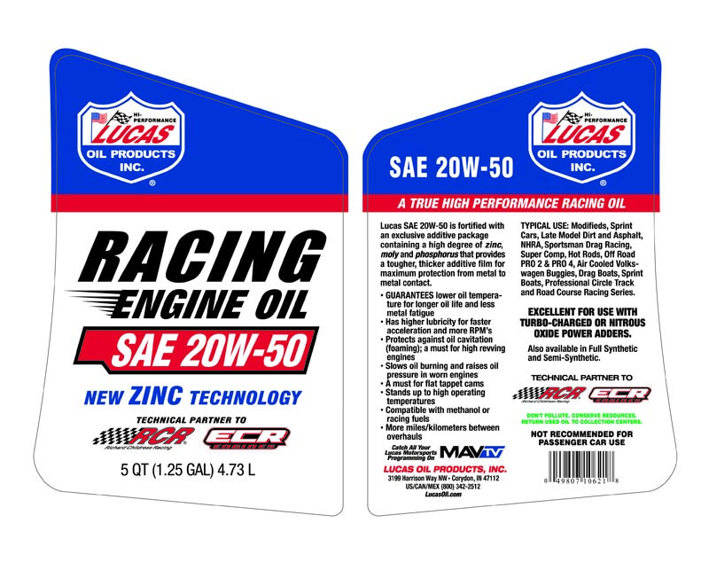 Lucas Oil Oil, SAE 20W-50, 5 Quart Jug, Single, Racing Only – 10621
