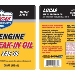 Lucas Oil Oil, Break IN, SAE 30, Synthetic, 1 Quart Bottle, Single – 10630