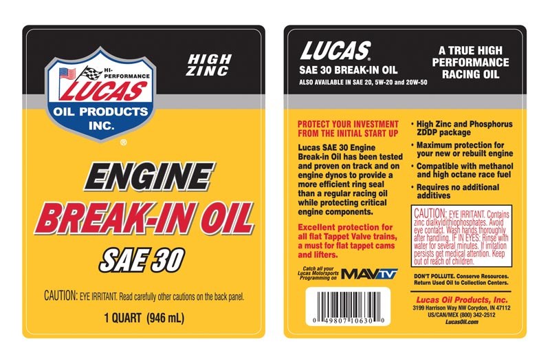 Lucas Oil Oil, Break IN, SAE 30, Synthetic, 1 Quart Bottle, Single – 10630