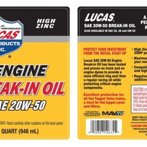 Lucas Oil Oil, Break IN, SAE 20W-50, Synthetic, 1 Quart Bottle, Single – 10635