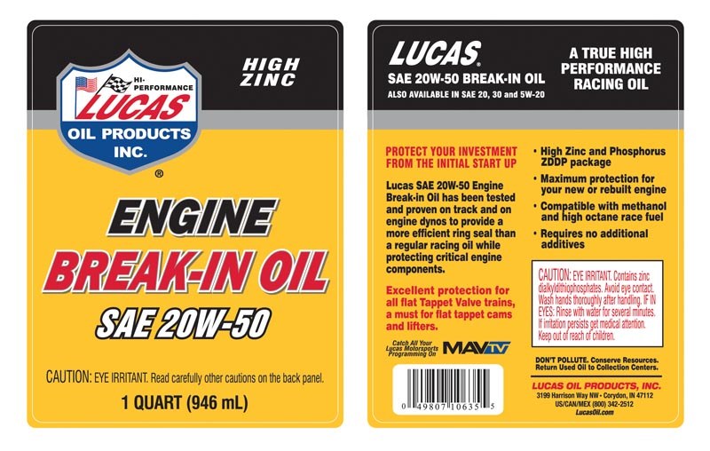 Lucas Oil Oil, Break IN, SAE 20W-50, Synthetic, 1 Quart Bottle, Single – 10635