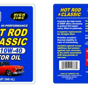 Lucas Oil Oil, Hot Rod & Classic, SAE 10W40, 1 Quart Bottle, Single – 10688