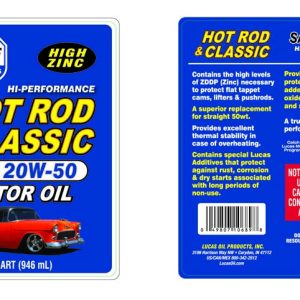 Lucas Oil Oil, Hot Rod & Classic, SAE 20W-50, 1 Quart Bottle, Single – 10689
