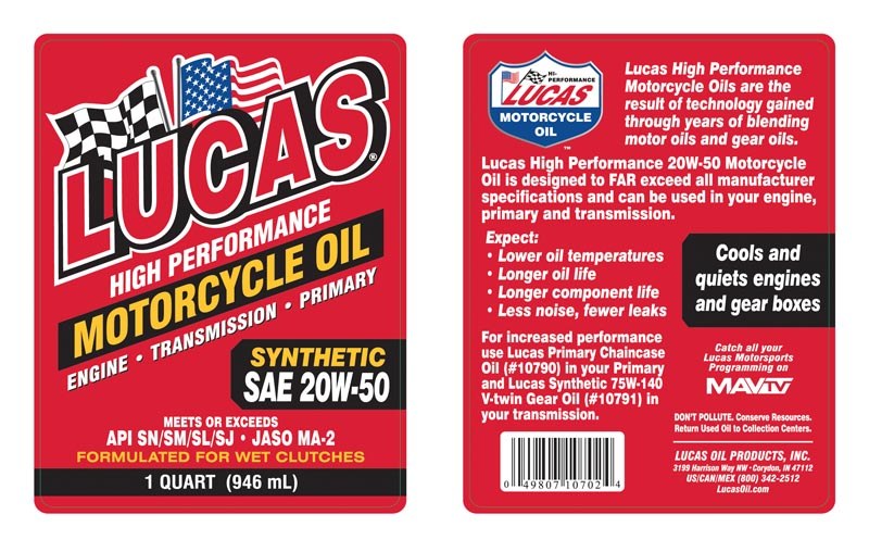 Lucas Oil Oil, SAE 20W-50, Synthetic, 1 Quart Bottle, Single – 10702