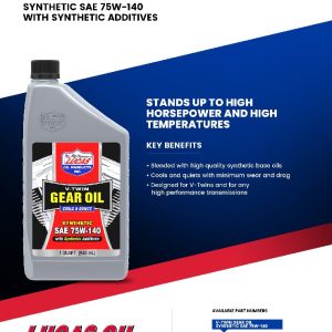 Lucas Oil Gear Oil, Single, 1 Quart Bottle, SAE 75W-140, Synthetic – 10791