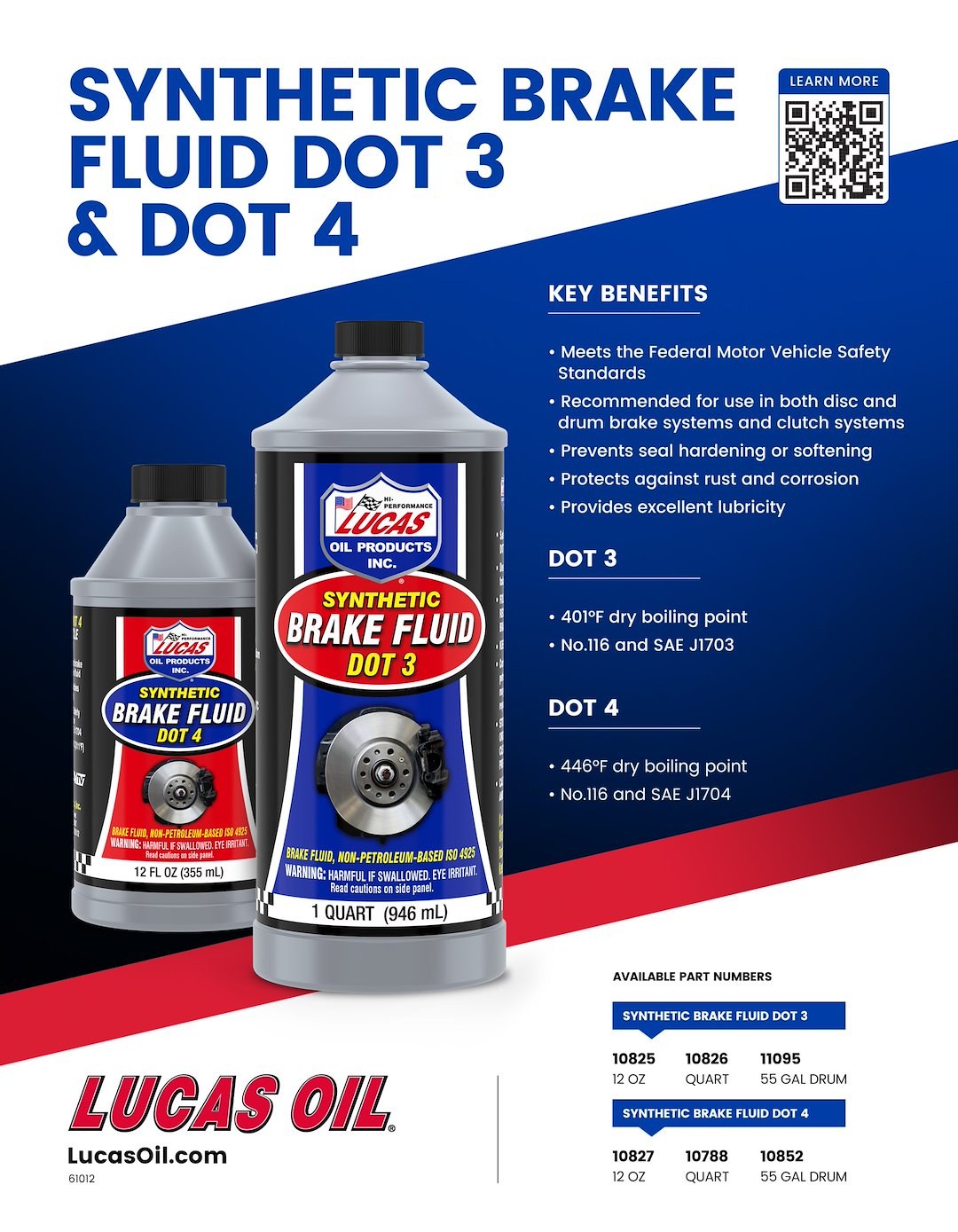 Lucas Oil Brake Fluid, Single, 12 Ounce Bottle, DOT 3, Glycol Ether Based – 10825