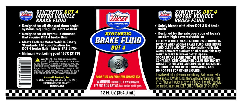 Lucas Oil Brake Fluid, Single, 12 Ounce Bottle, DOT 4, Glycol Ether Based – 10827