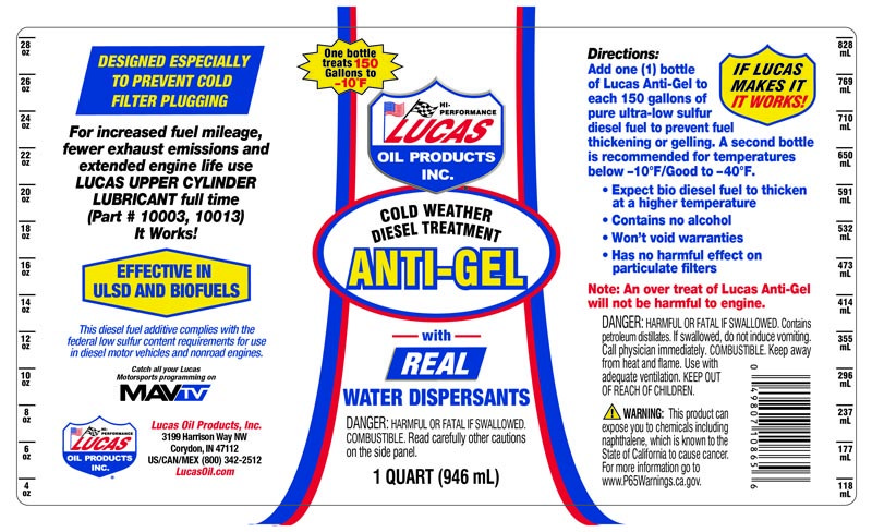 Lucas Oil Fuel Anti-Gel, Use to Remove Moisture from Entire Fuel System/ Prevents Fuel Thickening and Gelling, 1 Quart Bottle, Single – 10865