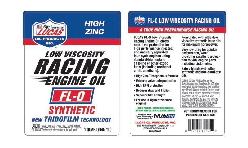 Lucas Oil Oil, FL-0, SAE 0W, Synthetic, 1 Quart Bottle, Single – 10892