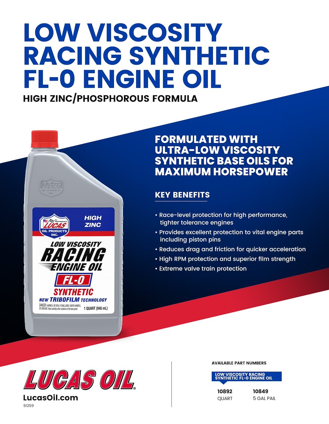 Lucas Oil Oil, FL-0, SAE 0W, Synthetic, 1 Quart Bottle, Single – 10892