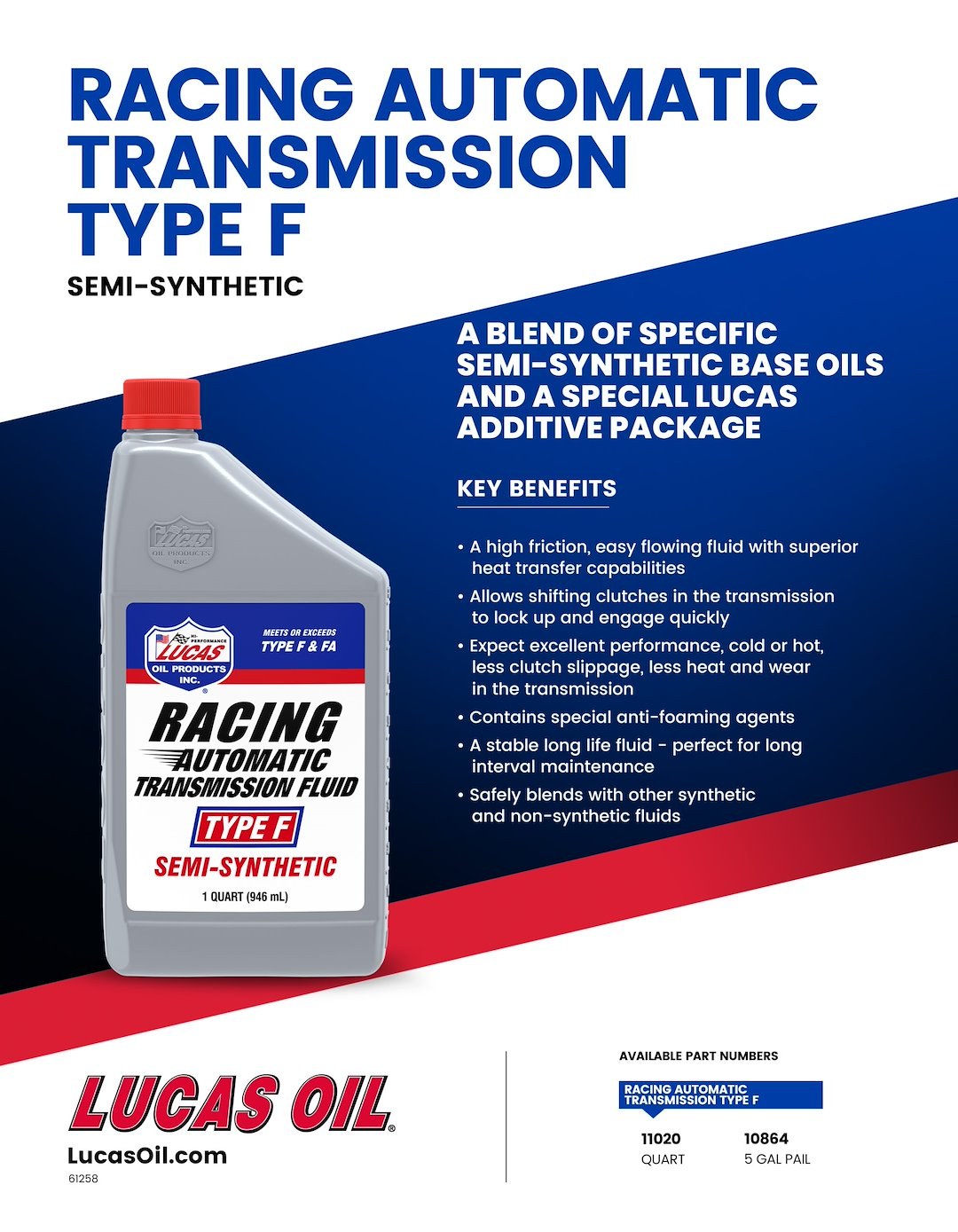 Lucas Oil Auto Trans Fluid, Type F, Semi-Synthetic, 1 Quart Bottle, Single – 11020