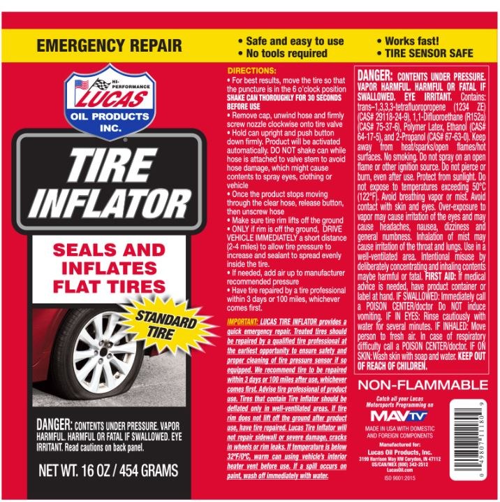 Lucas Oil Tire Sealant, Use to Seal and Inflate Standard Flat Tire, 16 Ounce Bottle, With Hose Applicator – 11180