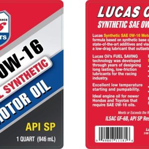 Lucas Oil Oil, SAE 0W-16, Synthetic, 1 Quart Bottle, Single – 11181