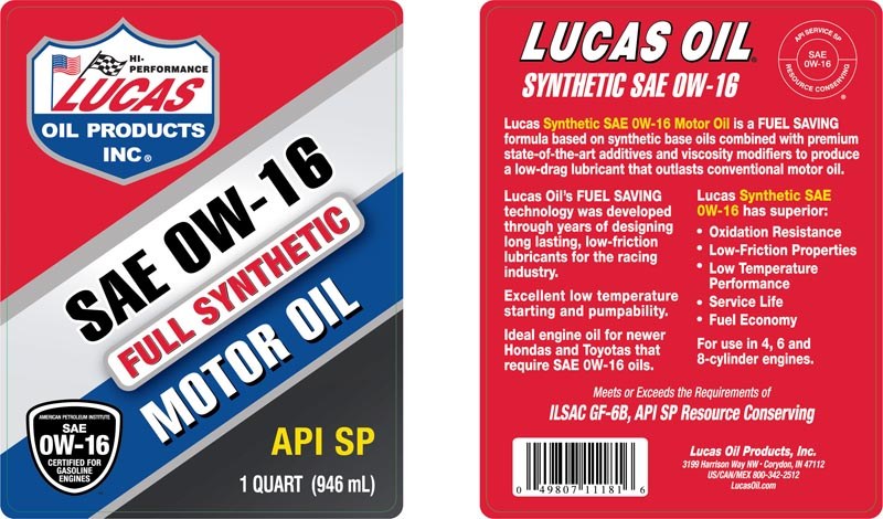 Lucas Oil Oil, SAE 0W-16, Synthetic, 1 Quart Bottle, Single – 11181