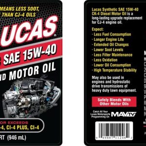 Lucas Oil Oil, SAE 15W-40, Synthetic, CK-4, 1 Quart Bottle, Single – 11246