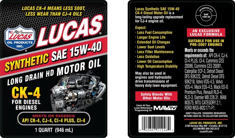 Lucas Oil Oil, SAE 15W-40, Synthetic, CK-4, 1 Quart Bottle, Single – 11246