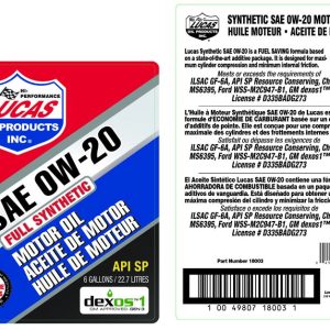Lucas Oil Oil, SAE 0W-20, Synthetic, 6 Gallon Bag IN Box, Single – 18003