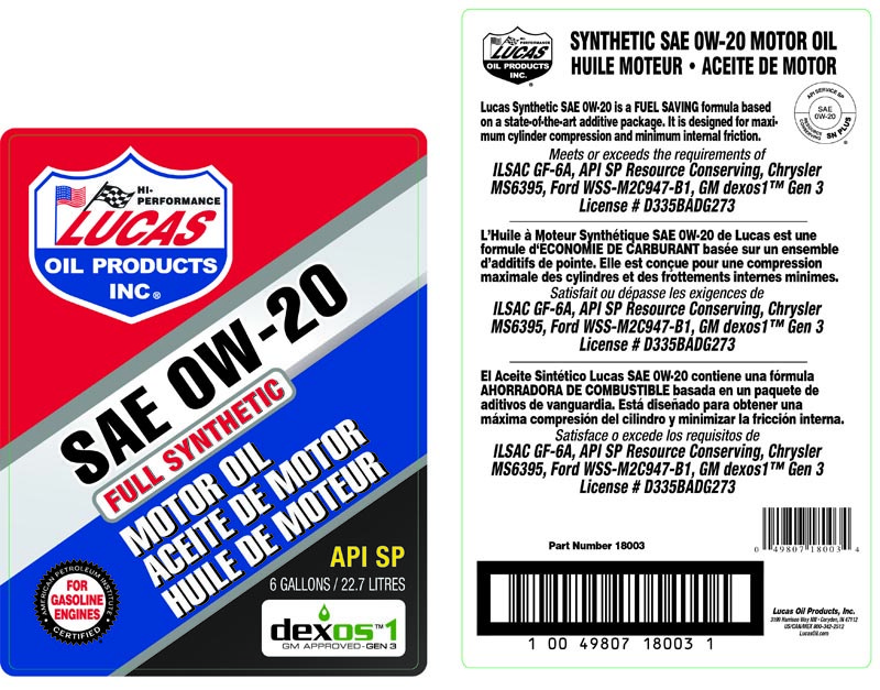 Lucas Oil Oil, SAE 0W-20, Synthetic, 6 Gallon Bag IN Box, Single – 18003