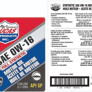 Lucas Oil Oil, SAE 0W-16, Synthetic, 6 Gallon Bag IN Box, Single – 18056