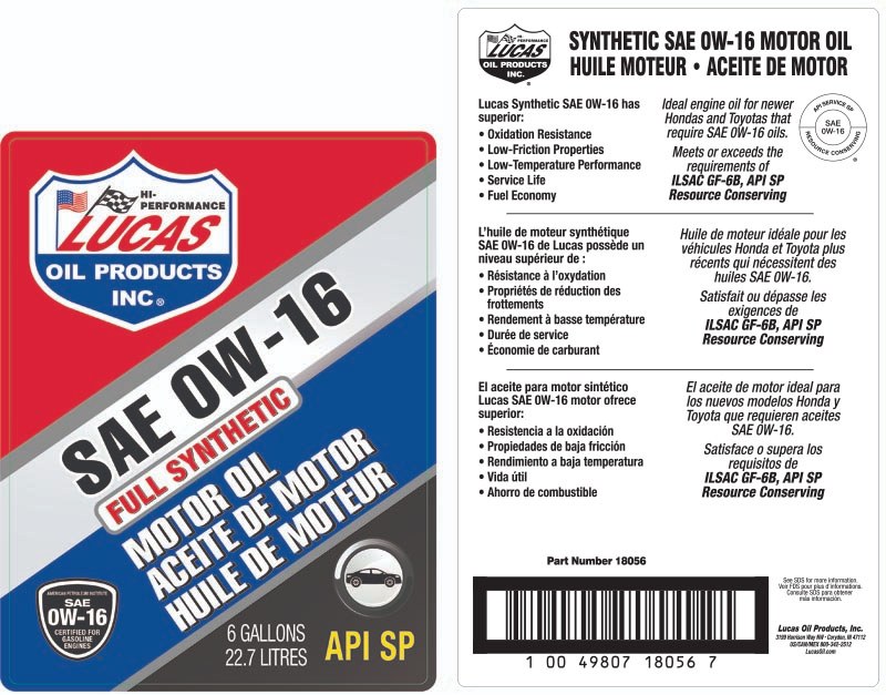Lucas Oil Oil, SAE 0W-16, Synthetic, 6 Gallon Bag IN Box, Single – 18056