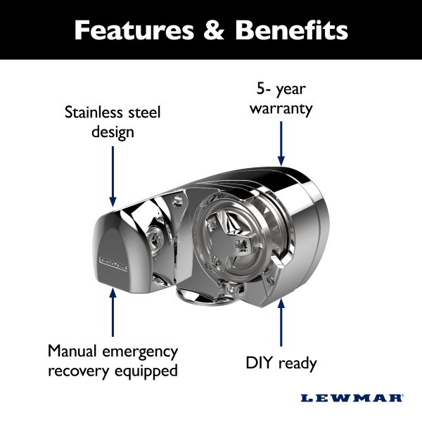 Lewmar Windlass, Pro-Series, Horizontal Mount, 1000 Pound Maximum Pull, 250 Pound Working Load Limit, 105 Foot Per Minute Line Speed – 6657011108