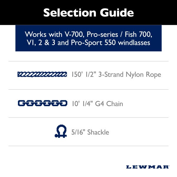 Lewmar Anchor Rode, Three Stand, 1/2 Inch Diameter X 150 Foot Length, White, Nylon, With 1/4 Inch X 10 Foot Chain with 5/16 Inch Shackle – 69000332