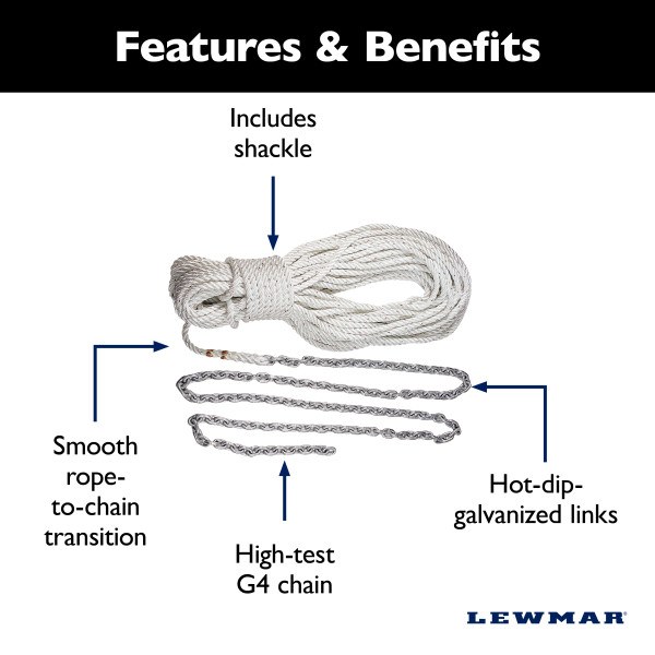Lewmar Anchor Rode, Three Stand, 1/2 Inch Diameter X 150 Foot Length, White, Nylon, With 1/4 Inch X 10 Foot Chain with 5/16 Inch Shackle – 69000332