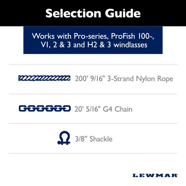 Lewmar Anchor Rode, Three Stand, 9/16 Inch Diameter X 200 Foot Length, White, Nylon, With 5/16 Inch X 20 Foot Chain with 3/8 Inch Shackle – 69000339