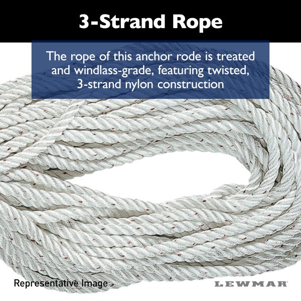 Lewmar Anchor Rode, Three Stand, 9/16 Inch Diameter X 200 Foot Length, White, Nylon, With 5/16 Inch X 20 Foot Chain with 3/8 Inch Shackle – 69000339