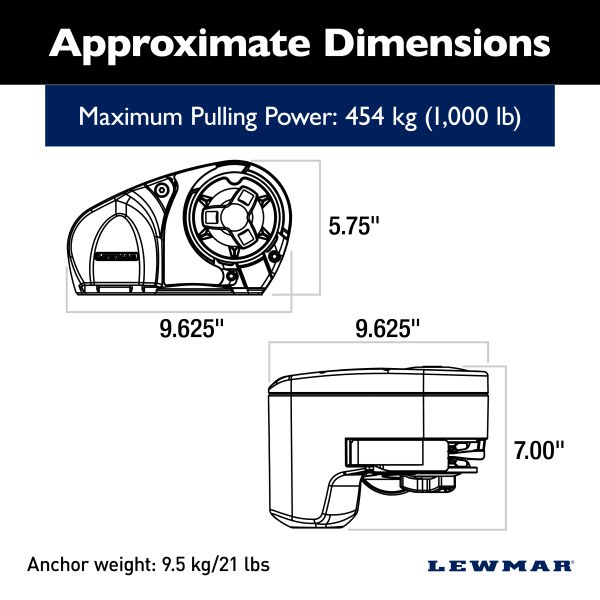 Lewmar Windlass, Pro-Series, Horizontal Mount, 1000 Pound Maximum Pull, 250 Pound Working Load Limit, 105 Foot Per Minute Line Speed – 6657011108-102