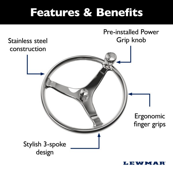 Lewmar Steering Wheel, 13-1/2 Inch Diameter, 5 Inch Stainless Steel 3 Spoke, Power Grip Knob, Silver, Without Cruise Control Buttons – 89700820