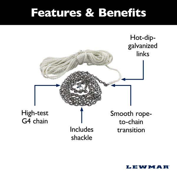 Lewmar Anchor Rode, Eight Plaited, 1/2 Inch Diameter X 300 Foot Length, White, Nylon, With 1/4 Inch X 15 Foot Chain with Shackle – HM15HT300PX