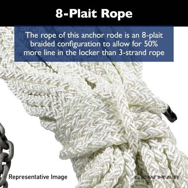 Lewmar Anchor Rode, Eight Plaited, 1/2 Inch Diameter X 300 Foot Length, White, Nylon, With 1/4 Inch X 15 Foot Chain with Shackle – HM15HT300PX