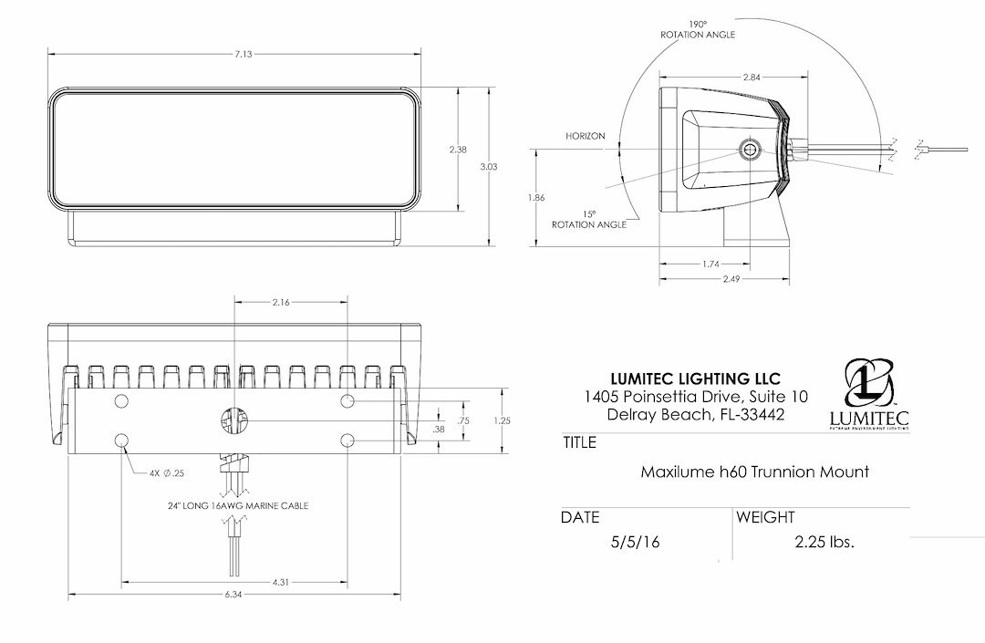 Lumitec Spotlight, Maxillume H60, 60 Watt LED, White Rectangle Housing, White Dimming Light, 10 to 30 Volt DC, 6000 Lumens, Trunnion Mount – 101334