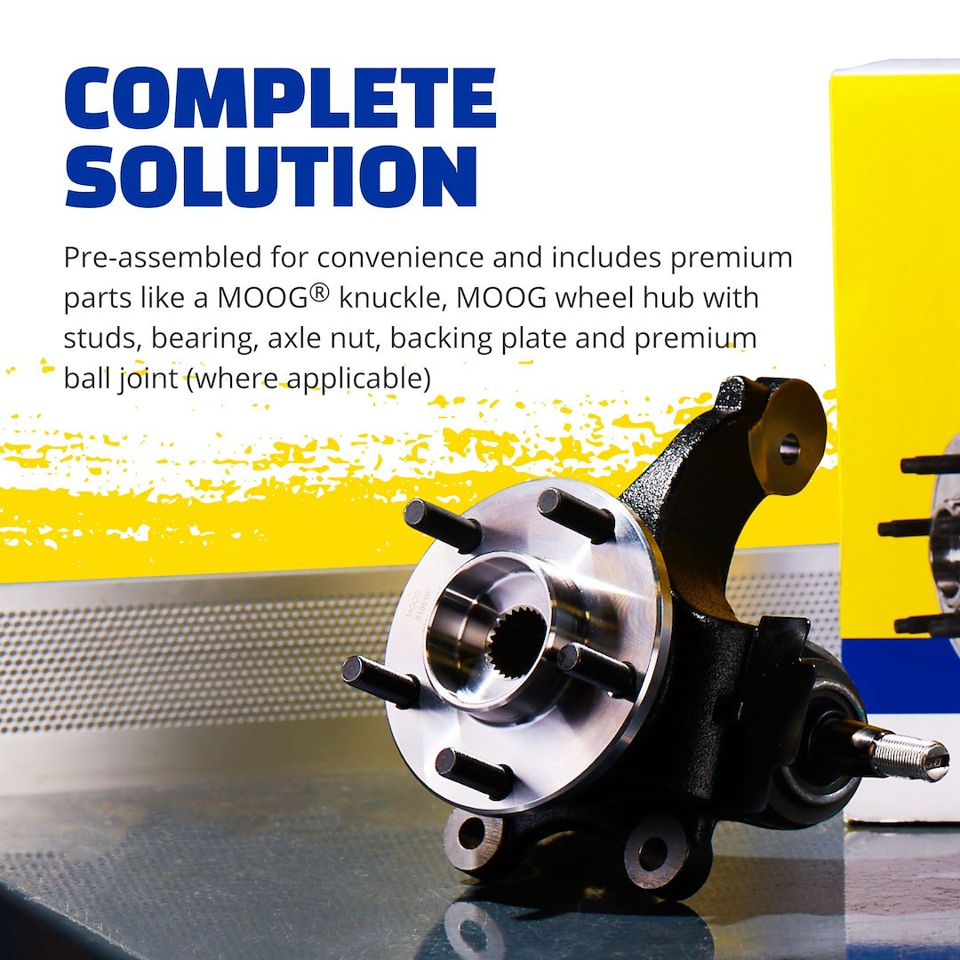 Moog Spindle, Spindle Assembly, Single, With Wheel Hub/ Studs/ Bearings/ Axle Nut/ Backing Plate and Premium Ball Joint – LK159