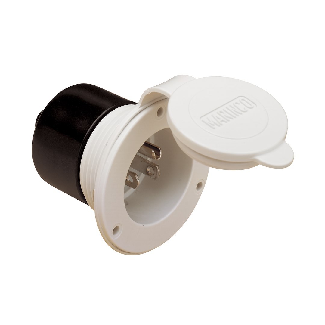 Marinco Receptacle, Outdoor/ Indoor Use, 125 Volt AC/ 15 Amp Power, Non Ground Fault Interrupter, Single Receptacle, White – 150BBIW